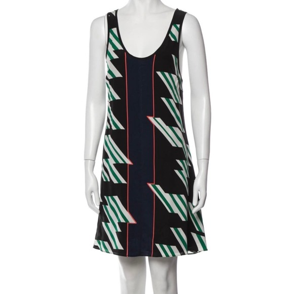 DEREK LAM 10 CROSBY Dress Womens 0 Black Green Geometric Print Silk Strappy Mini - Picture 2 of 16